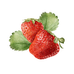 Whole strawberry berries among foliage. Hand drawn watercolor illustration of juicy ripe red fruit. Summer clipart for menu, package, cosmetic, textile, stationery, cards, recipe