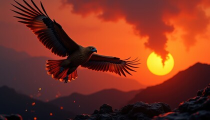 Majestic Eagle Soaring at Sunset, Fiery Skies, Mountainous Landscape