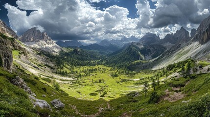 Naklejka premium Majestic mountain valley Lush green meadows nestled amidst towering peaks