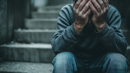 Fototapeta premium Person sitting on steps, hands covering face, conveying sadness or despair. Image depicts feelings of loneliness, hopelessness, or mental health struggles