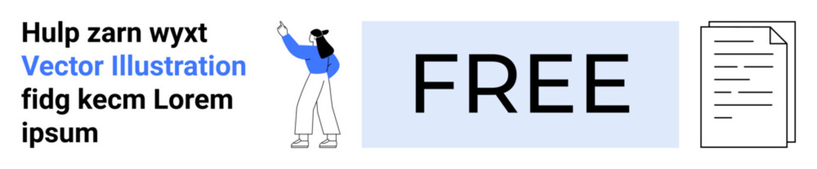 Person gesturing, bold FREE text, and paper icon convey free resources, promotion, documentation. Ideal for marketing, learning, education, business offers design simple landing page