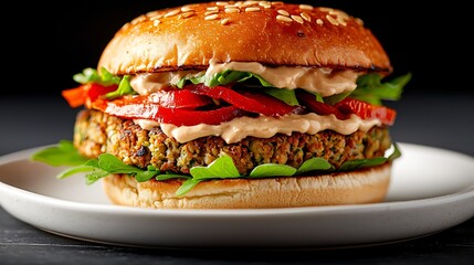 Bright modern photo of falafel burger with tahini, roasted red peppers, wide white plate, high detail under studio lights, vivid color contrast, no people