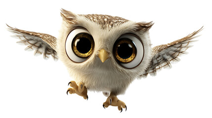 Charming owl with large eyes in mid-flight.