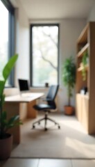 Fototapeta premium Generative AI Abstract office space interior blur with desk and plants