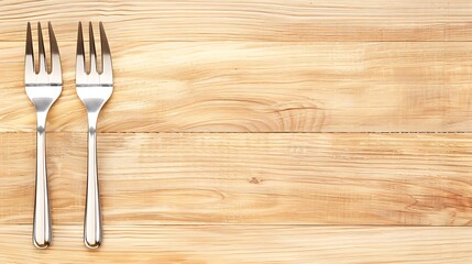 Elegant silverware composition featuring two forks atop a light wooden surface