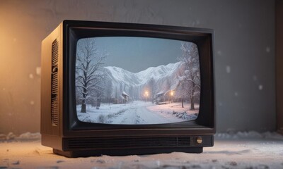 Fototapeta premium Vintage CRT TV screen displays snowy static with warm glow , display, old technology