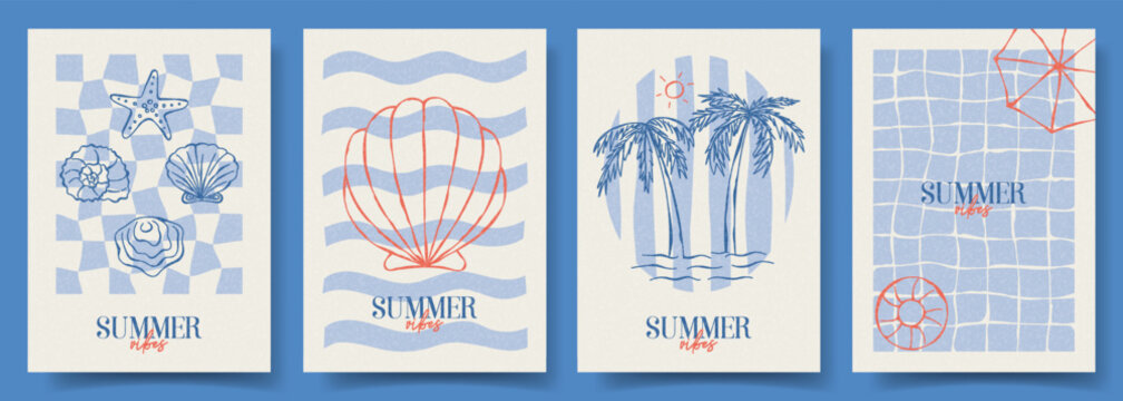 Set of trendy hand drawn cards. Vector doodle vintage posters with palm tree, seashells, typography design. Retro flyers for decoration party, holiday, event, poster, invitation, banner.