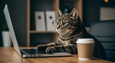 Funny tabby cat wearing glasses working on laptop with coffee break at office desk digital marketing