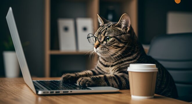 Funny tabby cat wearing glasses working on laptop with coffee break at office desk digital marketing