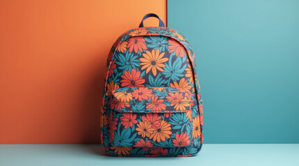 Trendy stylish backpack with vibrant multicolored floral design, showcased as a mockup against a bold solid background