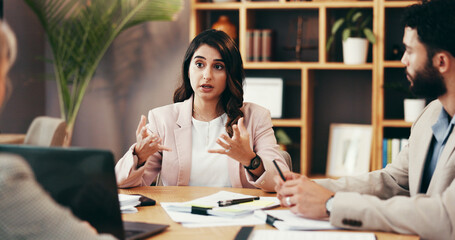 Lawyer, woman and meeting with paperwork in office for legal consulting, corporate advice and case...