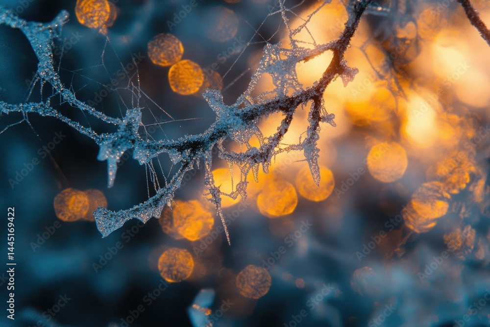 Poster frost-covered spiderweb on a branch, illuminated by warm bokeh lights.