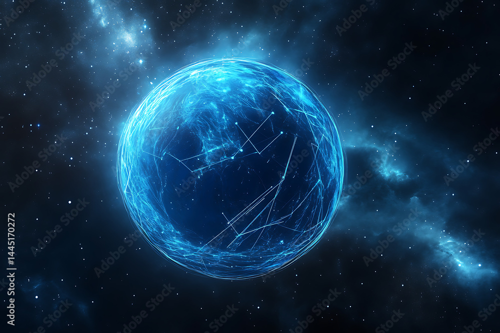 Poster planet earth in space , binary code technology , glowing sphere on black background