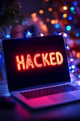 Cybersecurity Breach Concept Laptop Display With Neon HACKED Sign Against Festive Bokeh Lights