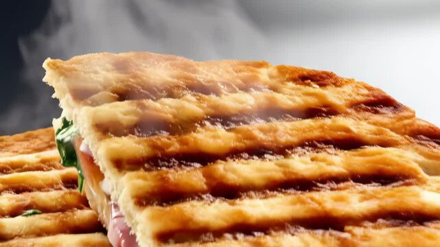 Grilled panini sandwiches with mozzarella, tomato, ham and spinach close up, featuring toasted bread crusts with grill marks