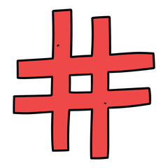 Hand drawn cartoon red hashtag icon on white background.