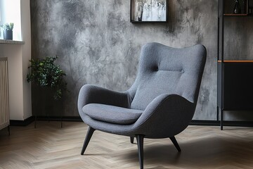 Modern Gray Armchair with Black Legs on Herringbone Wood Floor, Near Concrete Wall