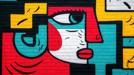 Colorful geometric mural of a stylized face painted on a brick wall, featuring bold lines and vibrant shades of red, blue, yellow, and black.