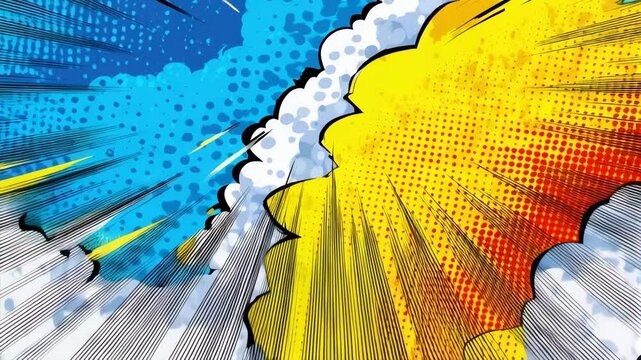 Dynamic comic book explosion background art with pop art dots, halftone, and radial lines on a blue and yellow backdrop