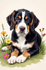 Portrait of a Bernese Mountain Dog. Colored drawing on a light background. Nearby is a plant in the form of a flower and a stem with leaves.