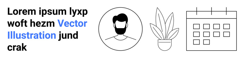 Male avatar in circular frame, potted plant, and calendar with grid. Ideal for scheduling, organization, productivity, workplace, bio, planning flat landing page banner