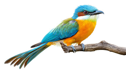 Colorful bird perched on a branch, vibrant feathers.