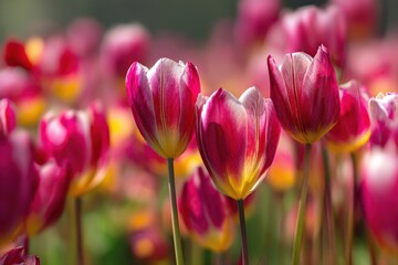 Obraz premium Close-up of vibrant pink and yellow tulips in a field, bathed in sunlight. A beautiful spring scene.