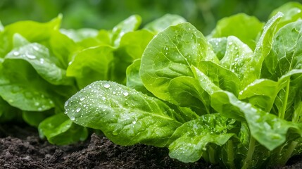 Close-Up of Fresh Green Lettuce Leaves Glistening with Water Droplets in a Garden Setting