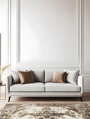 Fototapeta premium Modern Interior Design: Elegant Sofa and Stylish Furniture in a Cozy Living Room with Neutral Colors and Scandinavian Aesthetics