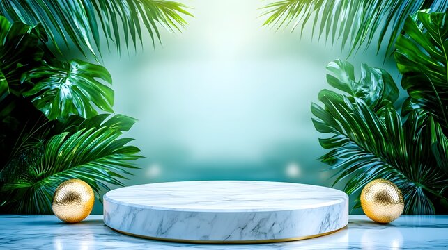 Tropical Inspired Exhibition Display with Marble Podium Surrounded by Lush Green Foliage