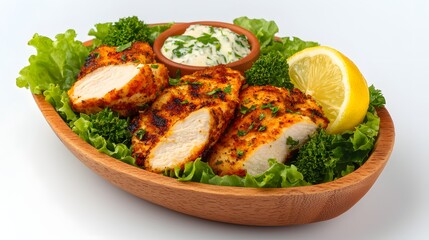 Succulent Grilled Chicken Fillets Served on a Bed of Fresh Greens with Lemon and Herb Sauce