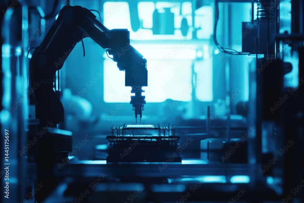Aufkleber a robotic arm precisely assembles a circuit board in a high-tech factory setting.