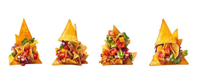 Pack of Nacho in Five Different Poses Against Transparent Background for Snack Branding, Mexican Cuisine Promotion, or Food Design Projects