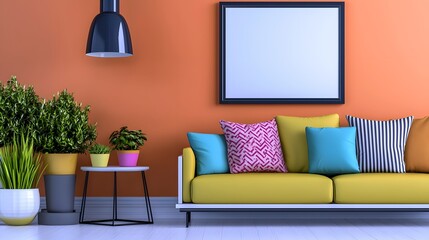 Modern Colorful Living Room Interior with Stylish Sofa and Decorative Plants on Orange Wall