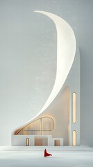 Minimalist architectural design, featuring a white, curved building with a red figure