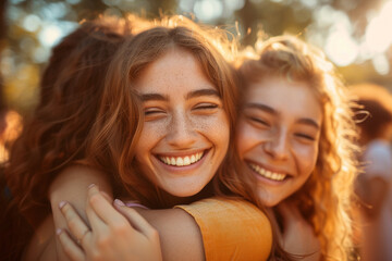 BEAUTIFUL joyful gathering of friends and family embracing one another tightly with love and warmth amidst beautiful surroundings of beautiful serene park    