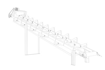 3D Transparent Line Art Technical Outline Drawing White Wireframe Illustration of an Inclined Industrial Belt Conveyor Structure