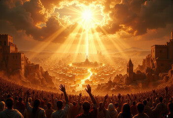 Glorious Ascension of Jesus Christ Over a Golden City with Worshipping Crowd