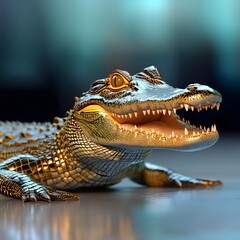 Obraz premium Glossy Close-up Portrait of a Smiling Crocodile in a Natural Habitat Environment