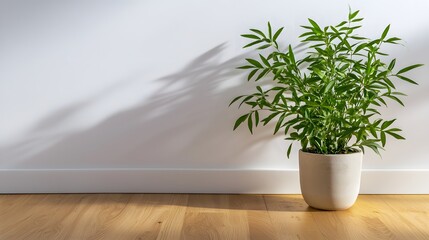 Lively Green Indoor Plant in a White Pot Casting Shadows on Wooden Floor with Sunlit Wall