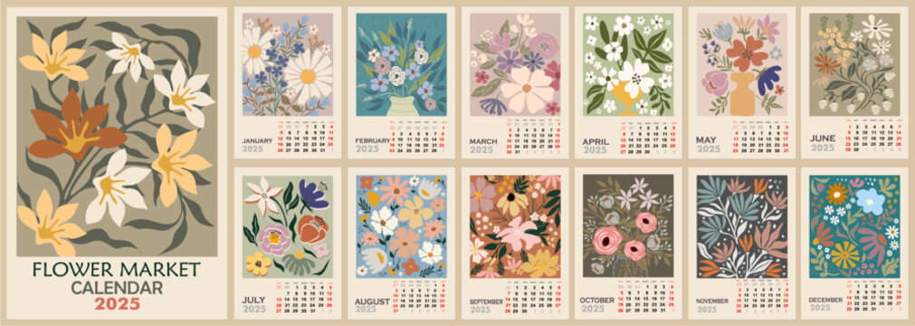 Floral calendar template for 2025 . Vertical design with Flower Market retro posters. Vector illustration page template A3, A2 for printable wall monthly calendar. Week starts on Sunday.