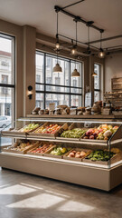 chic and minimalist store interior in neutral beige colors displaying fruits vegetables and healthy food on grocery store shelves Premium Store Interior Photography