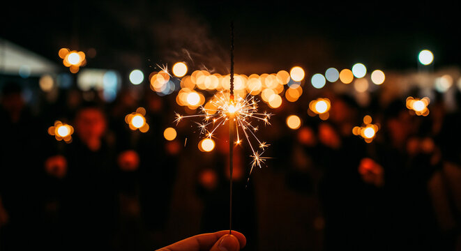 Sparkler glowing at a summer evening celebration with blurred lights in the background - Powered by Adobe