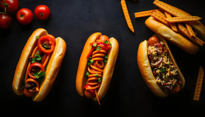 Hot dogs with different toppings on a dark background. Food background. fast food and junk food concept, Street food, silhouette. with white shades