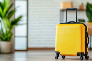 Yellow suitcase with extended handle in bright room