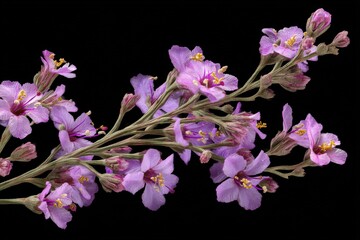 Fototapeta premium Delicate purple wildflowers arranged against a stark black background. The vibrant colors and intricate details of the blossoms are highlighted.