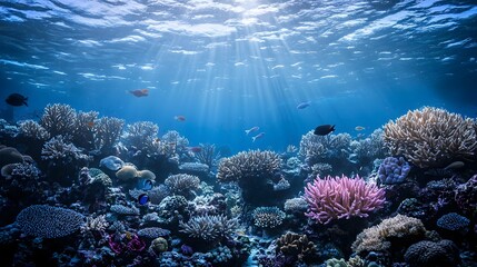 Naklejka premium Vibrant Underwater Coral Reef Ecosystem Teeming with Marine Life and Sunlight Rays in Ocean