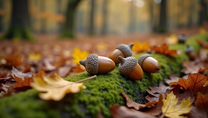 Digitally manipulated cluster of autumn mushrooms with vibrant foliage in rich saturated colors representing a dreamlike painterly scene