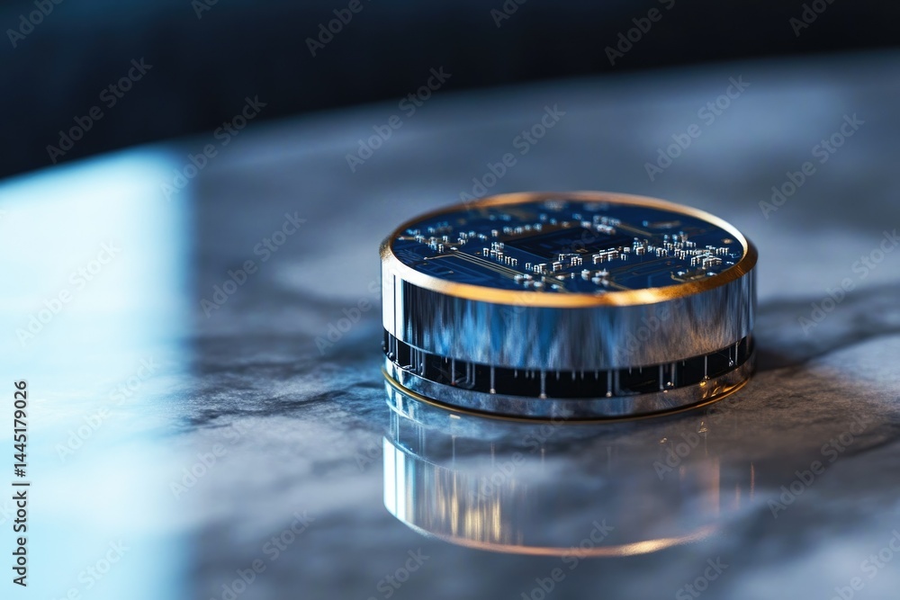 Aufkleber a close-up of a circular electronic component with a metallic casing and intricate circuitry.