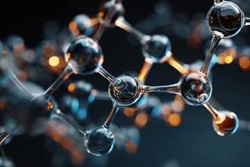 Intricate molecular structure, glowing orbs connected by glass rods, dark background.  Science, technology, and innovation.